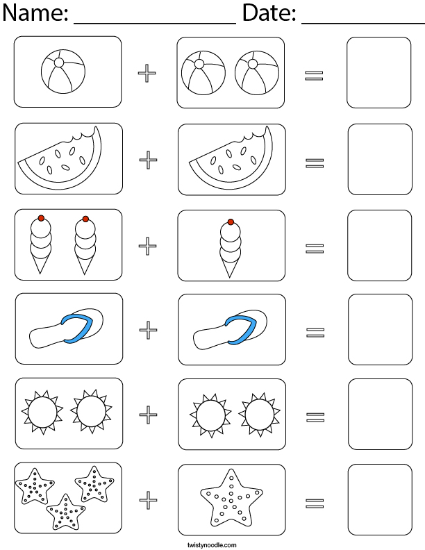 Summer Picture Addition Math Worksheet Twisty Noodle